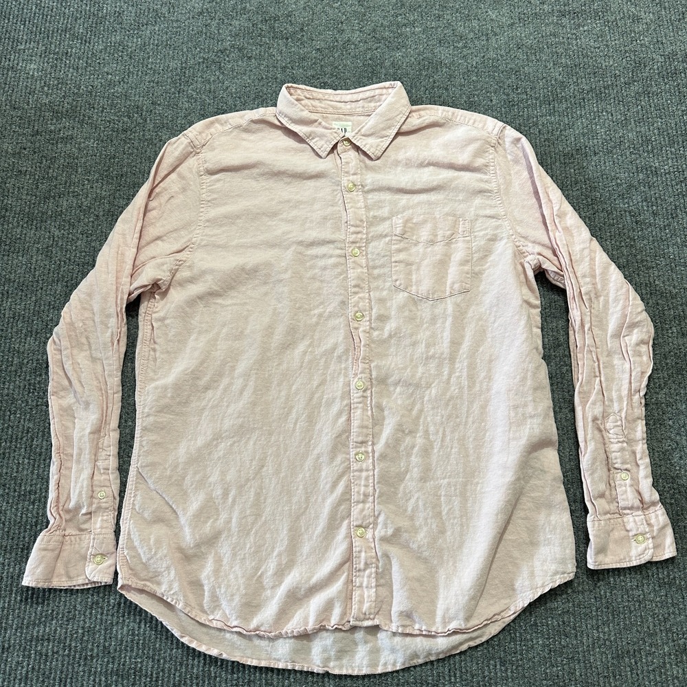 GAP Mens Button Up Shirt Size XL Pink Cotton Linen Front Pocket Long Sleeve